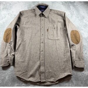 Pendleton Wool Shirt Mens M Gray Button Up Suede Elbow Patches Outdoorsman